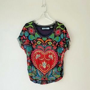 Desigual M Blouse Top Folk Art Embellished Dolman